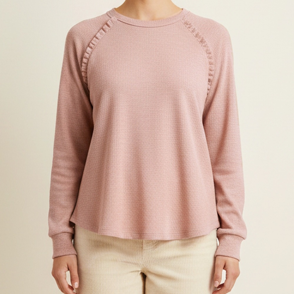 Wanna B Sample Dusty Pink Ruffle Raglan Long Sleeve Swing Top Rib Knit Women M